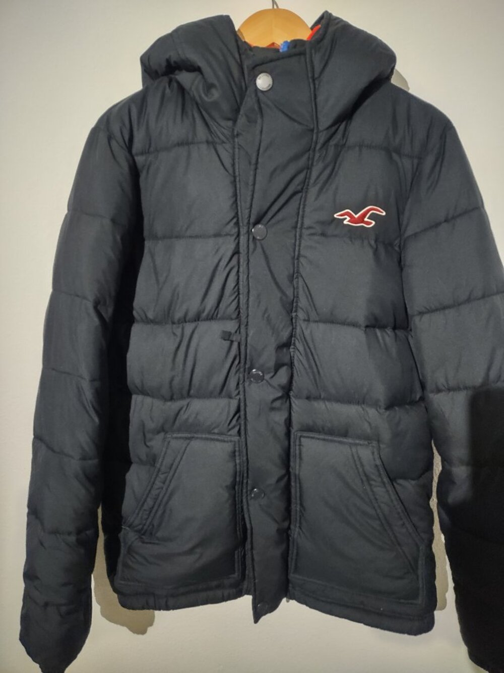 Hollister California Men's L Black Puffer Jacket Full Zip Hooded Winter Coat